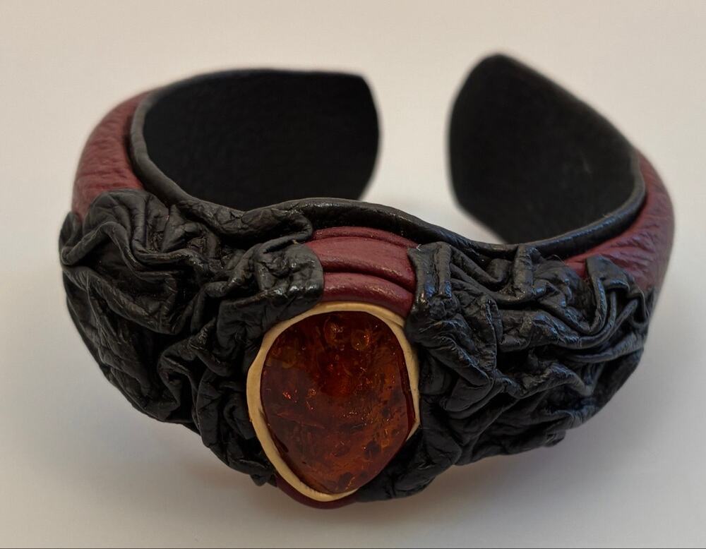 Baltic Amber Leather Cuff Bracelet Cognac Red Black Handmade